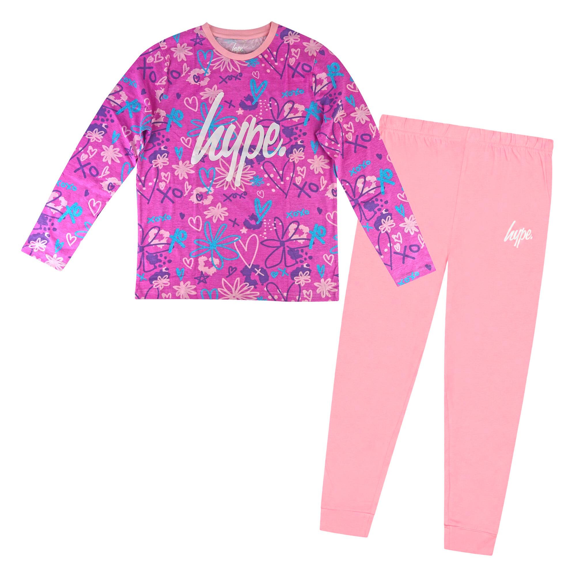 Girls 100% Cotton Scribble Pink Pyjama Set Long Sleeve Nightwear