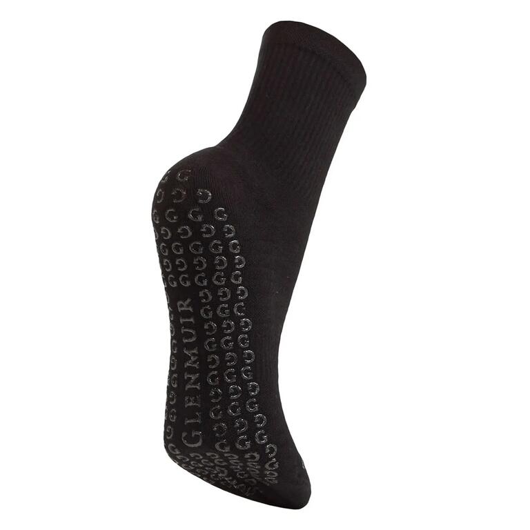 Women's mid-length yoga grip socks with cushioned soles and non-slip detailing