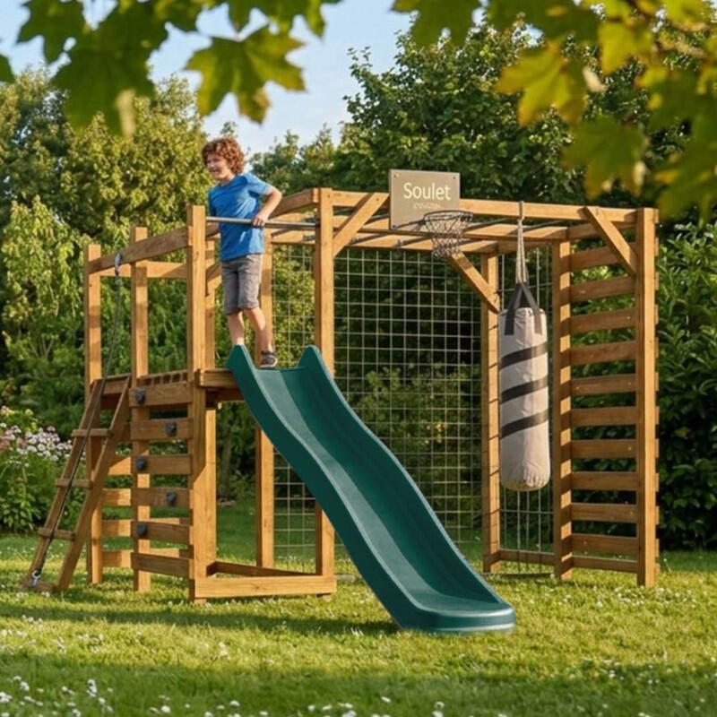 Aire de jeux multisport en bois traité avec toboggan ACHILLE 2/5