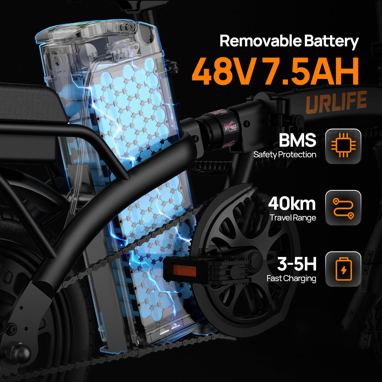 Vélo électrique pliable URLIFE F1L 14" batterie 48 V 7.5 Ah (40 km) moteur 250W 3/6