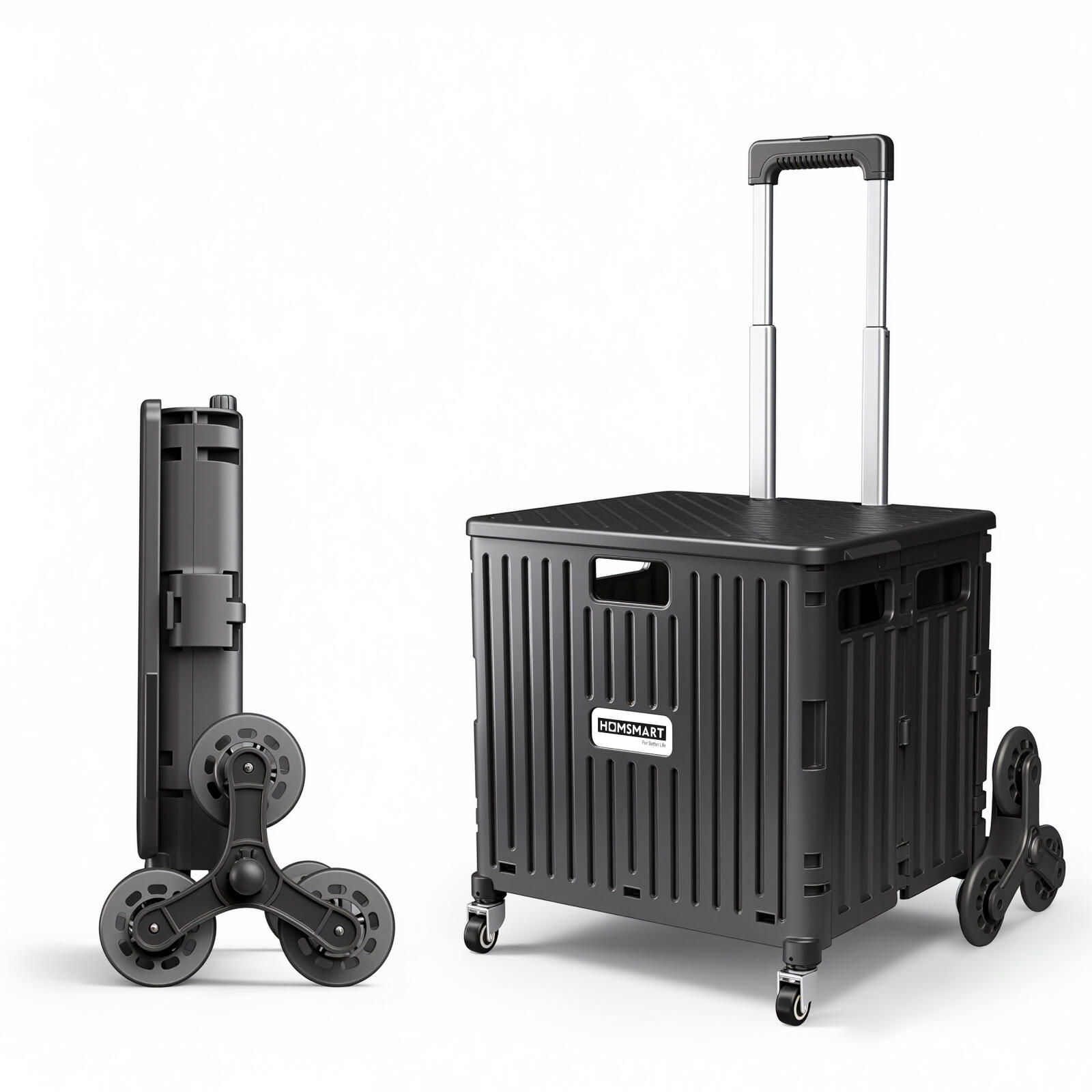 Viviendo 65L Foldable Camping Trolley Cart with Stair Climbing Wheels - Black