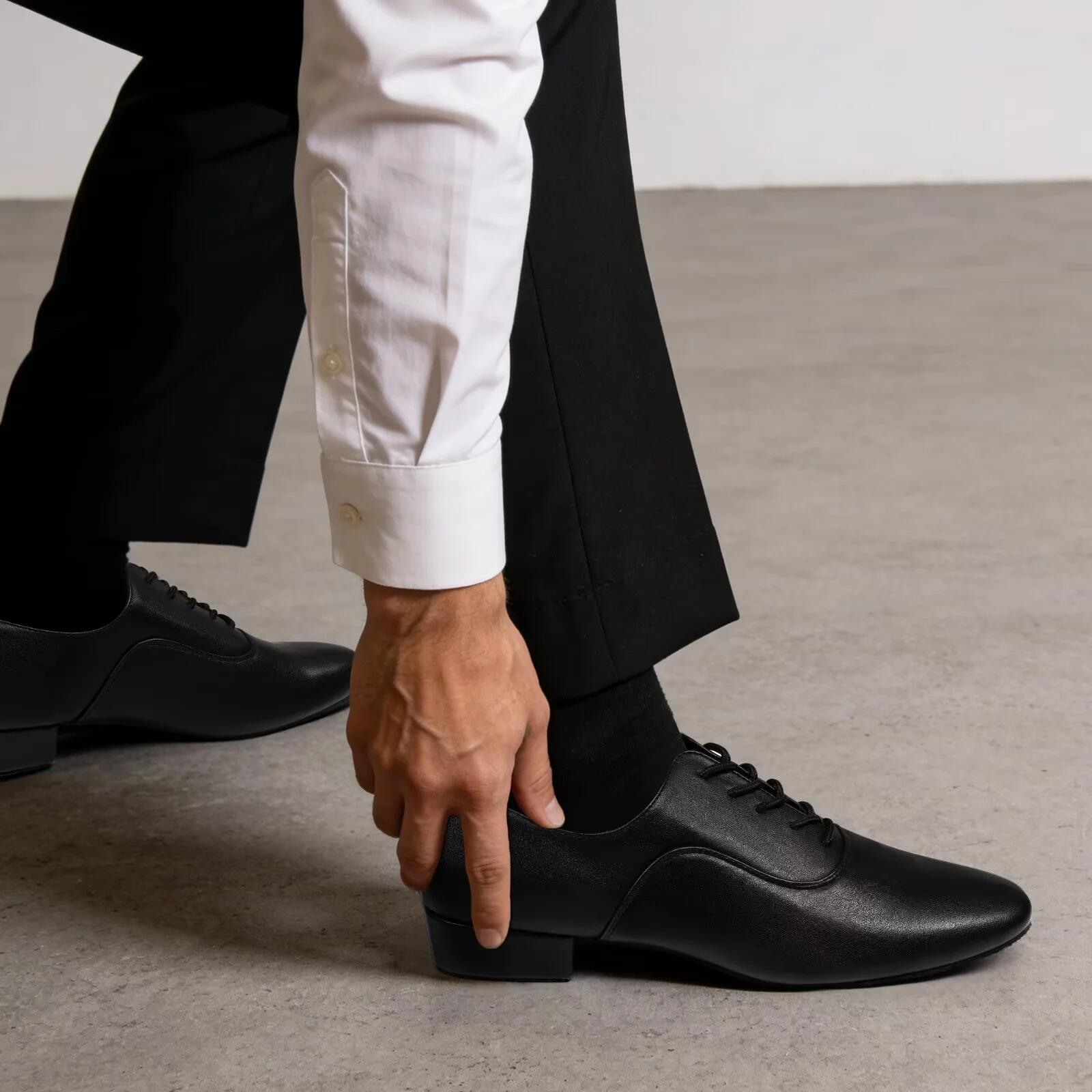 Men Dance Shoes Leather Sole 1 Inch Heel Lace-Up Ballroom Black