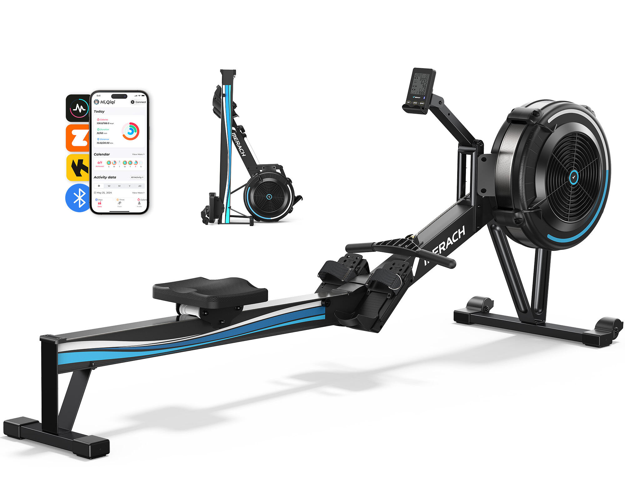 Rameur - fitness - 10 niveaux résistance air, bluetooth - merach 1/8