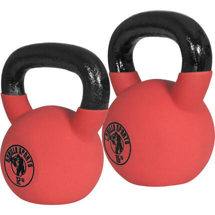 Kettlebell set - 12 kg en 16 kg - Gietijzer - Rubber Coating - Vinyl - Rood