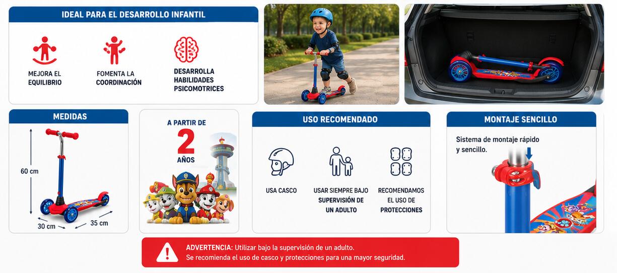 Patinete Infantil Paw Patrol para Niños 3 Ruedas Plegable +2 Años 7/7