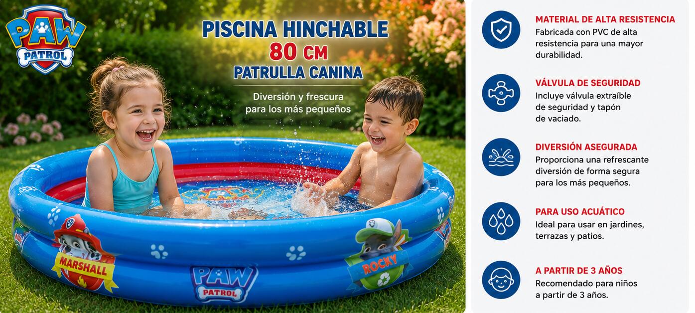 Piscina Hinchable Infantil Paw Patrol 80 cm PVC Resistente 2/3