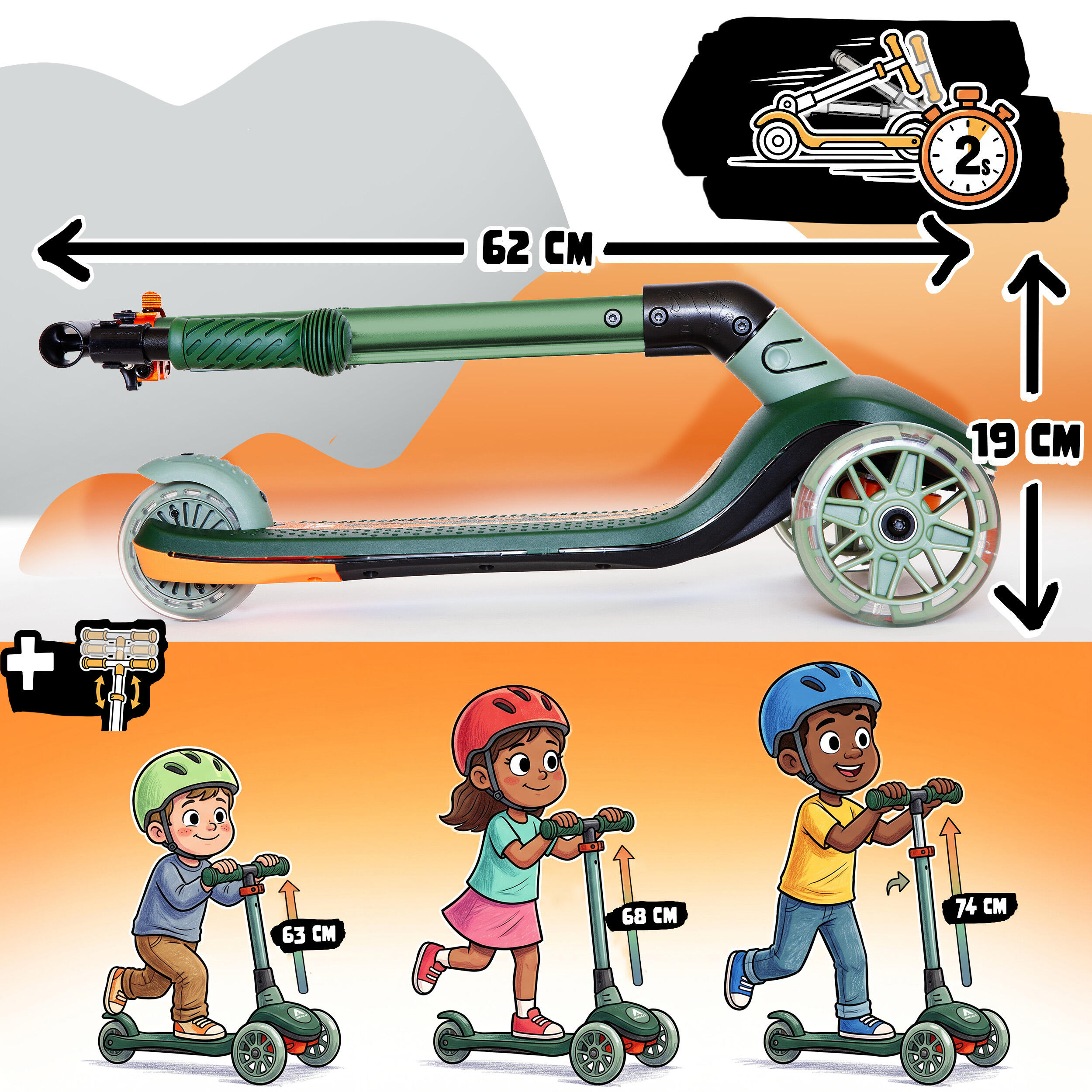 Apollo Whizzie Monopattino LED Bambini, 3 Ruote Regolabile in Altezza 4/5