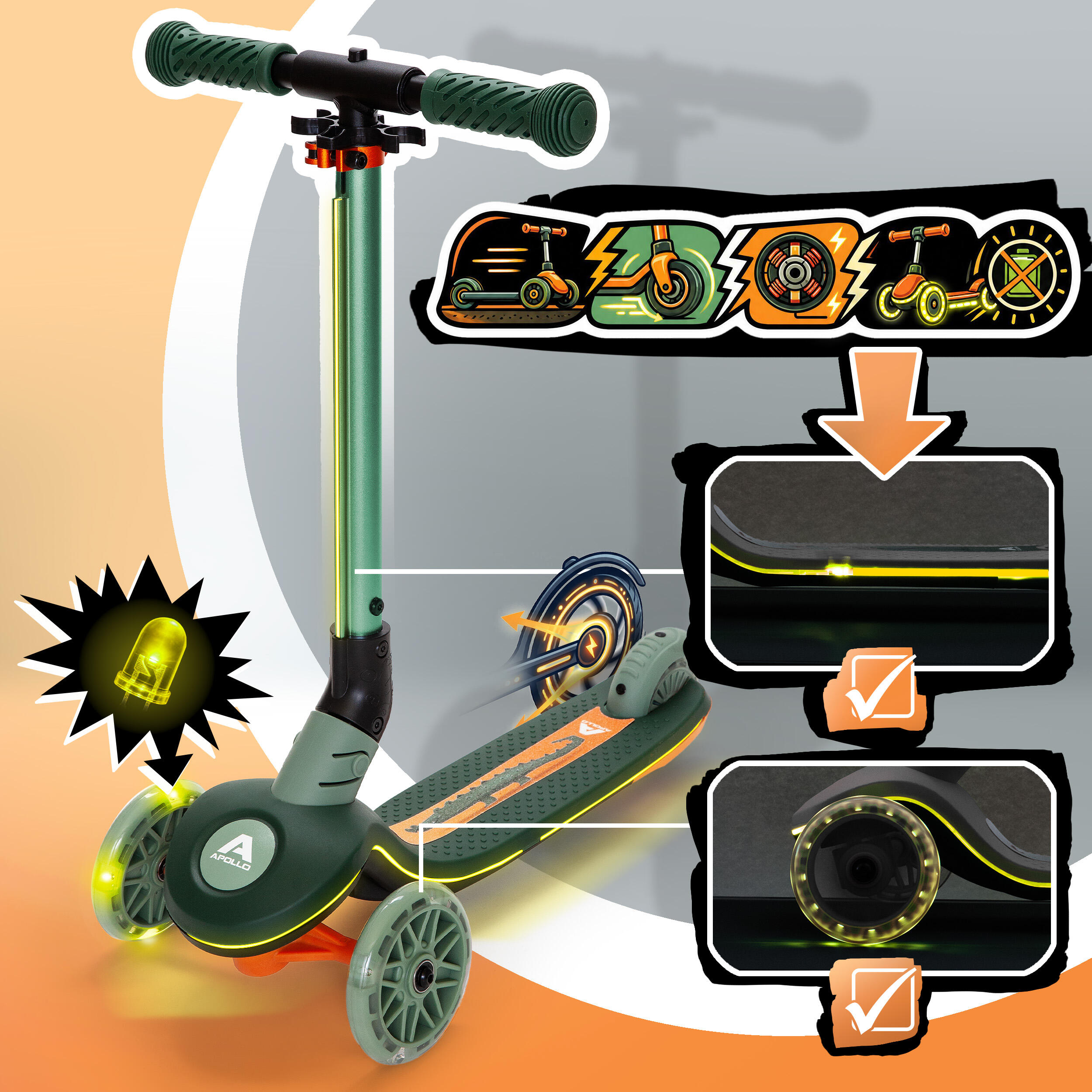 Apollo Whizzie Monopattino LED Bambini, 3 Ruote Regolabile in Altezza 2/5