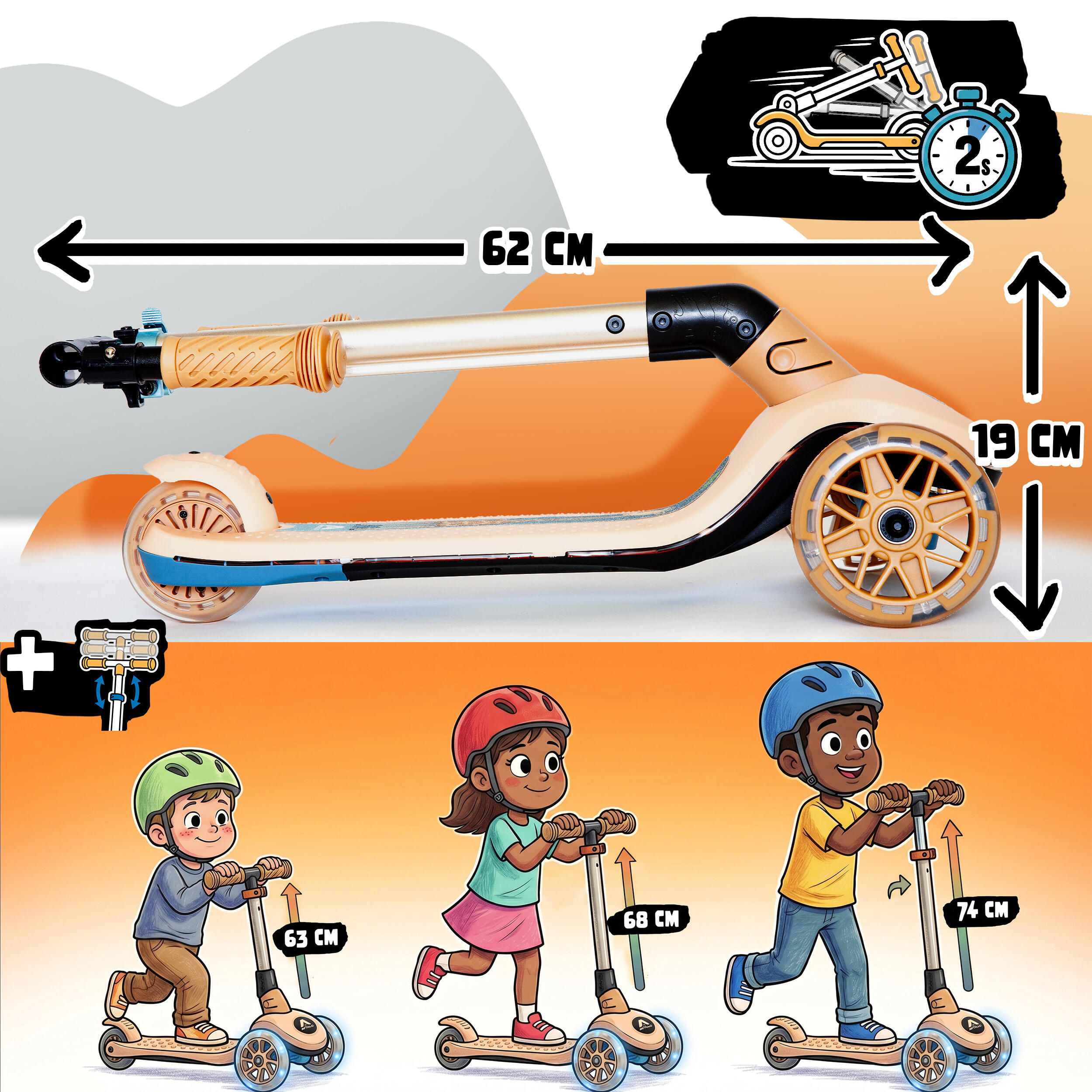 Apollo Whizzie Monopattino LED Bambini, 3 Ruote Regolabile in Altezza 4/5