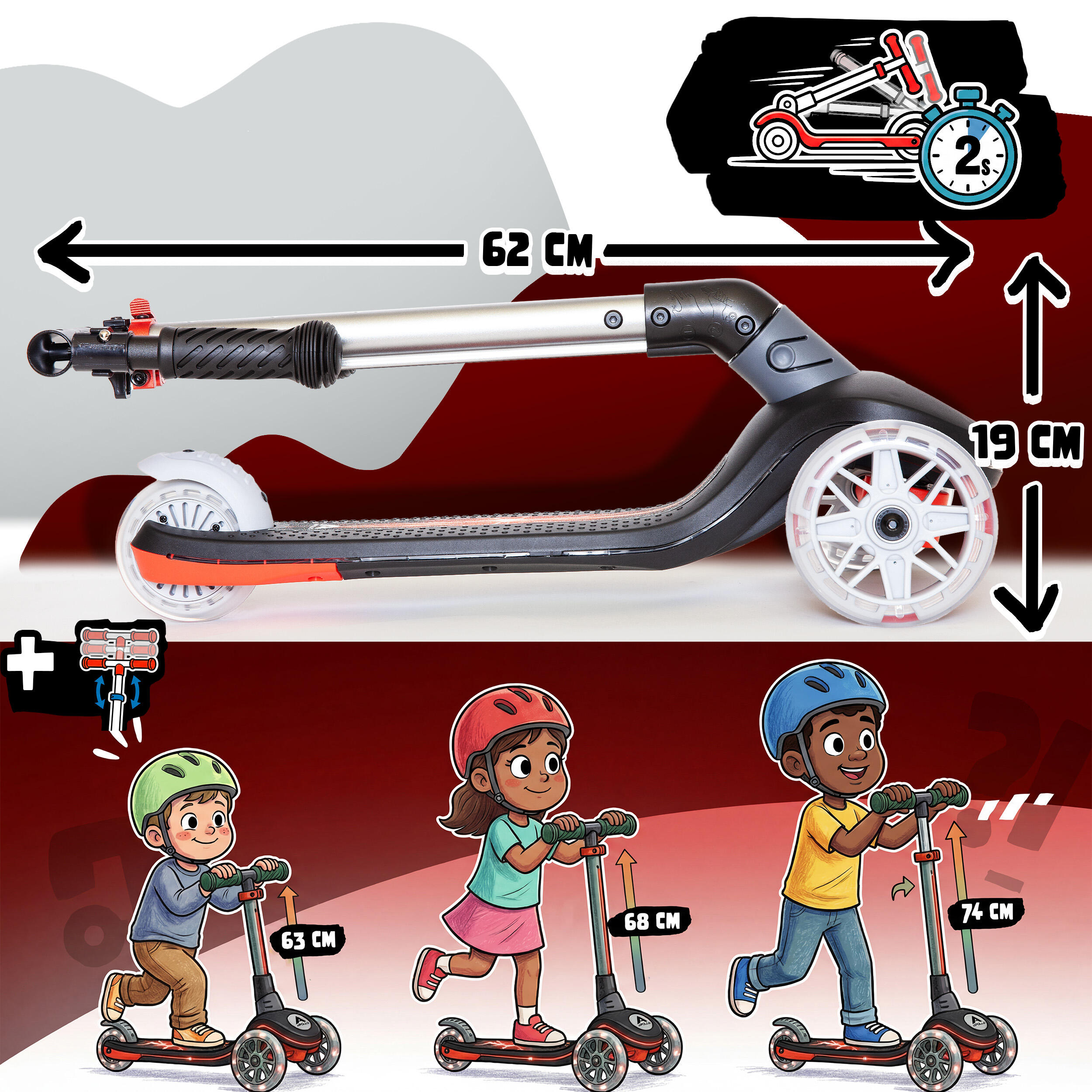 Apollo Whizzie Monopattino LED Bambini, 3 Ruote Regolabile in Altezza 4/5