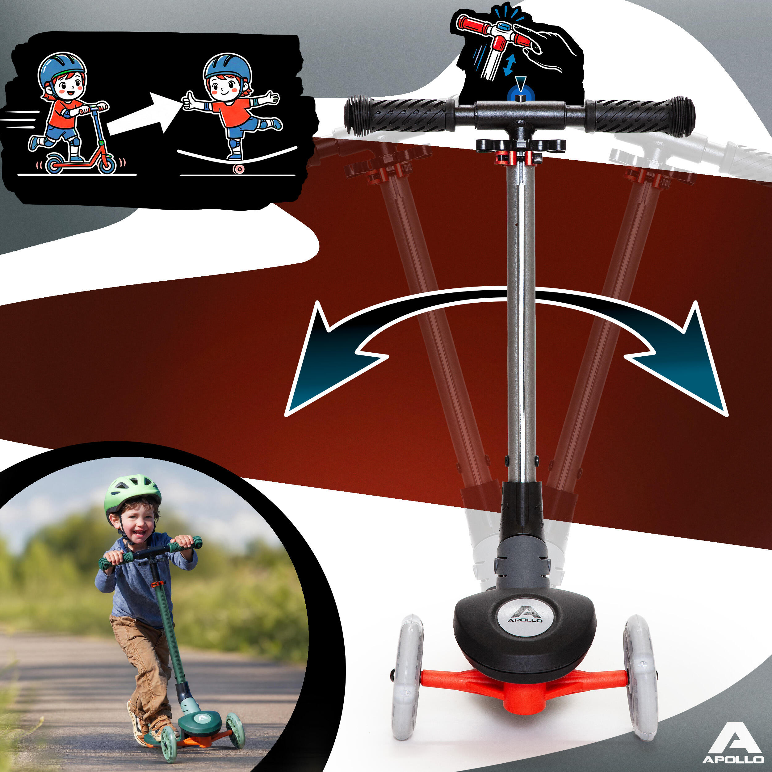 Apollo Whizzie Monopattino LED Bambini, 3 Ruote Regolabile in Altezza 2/5