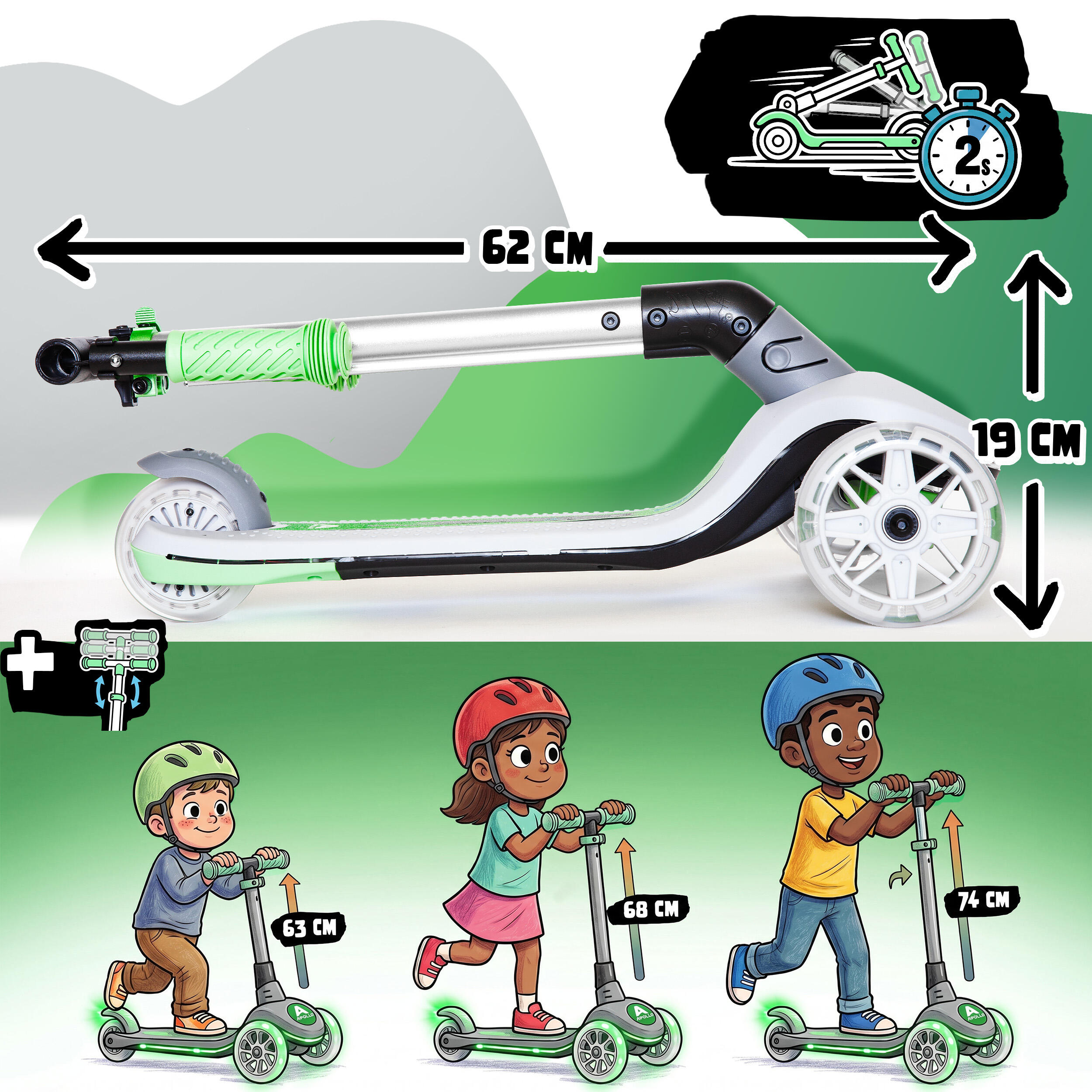 Apollo Whizzie Monopattino LED Bambini, 3 Ruote Regolabile in Altezza 4/5