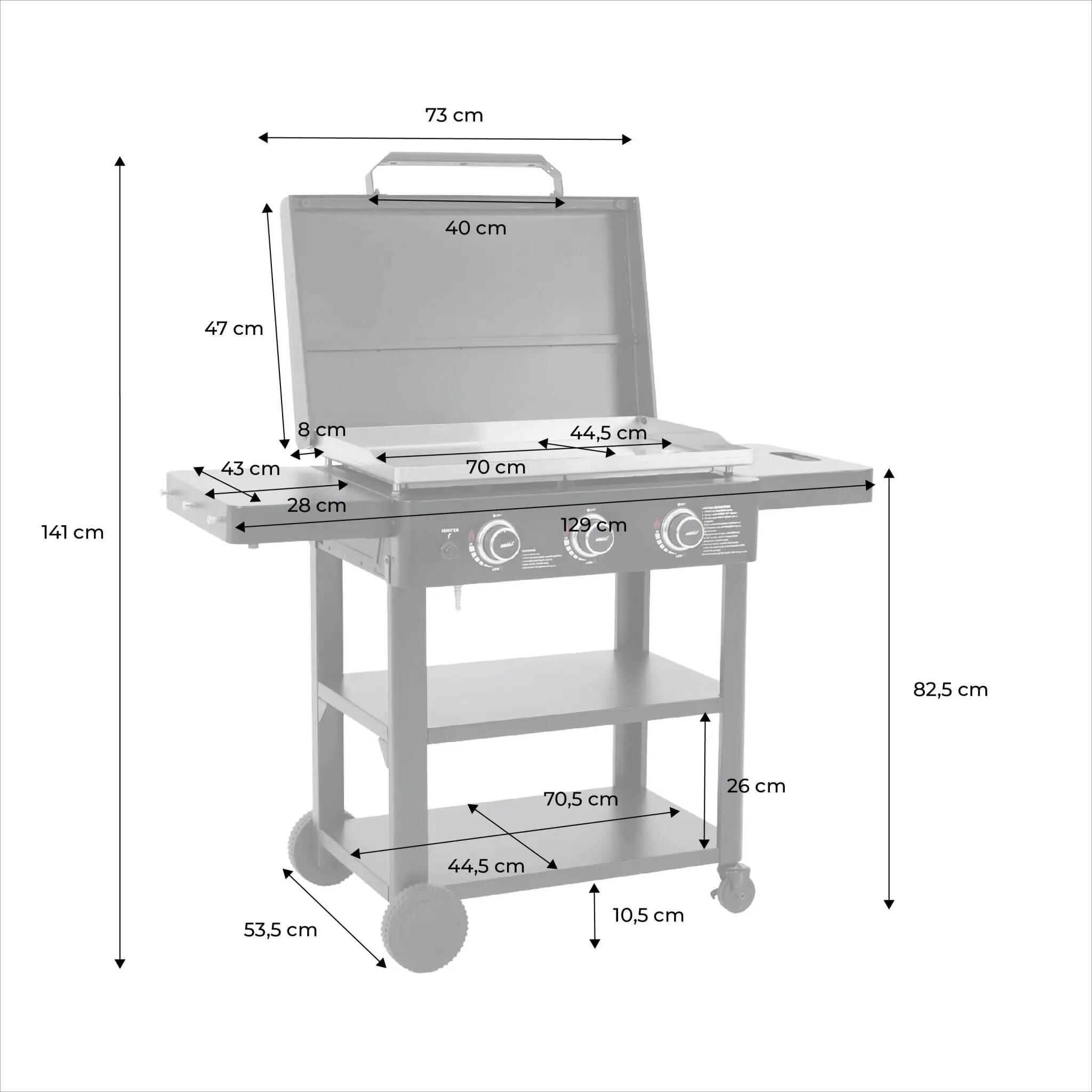 Plancha de gas 3 quemadores acero inoxidable con carrito, 12kW, Negro 4/5