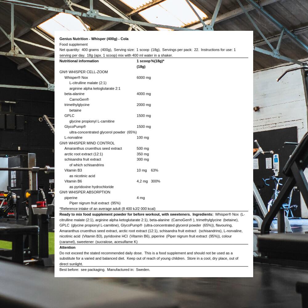 Genius Nutrition Whisper (400g) Cola - Pre-Workout - NO-Booster 3/3