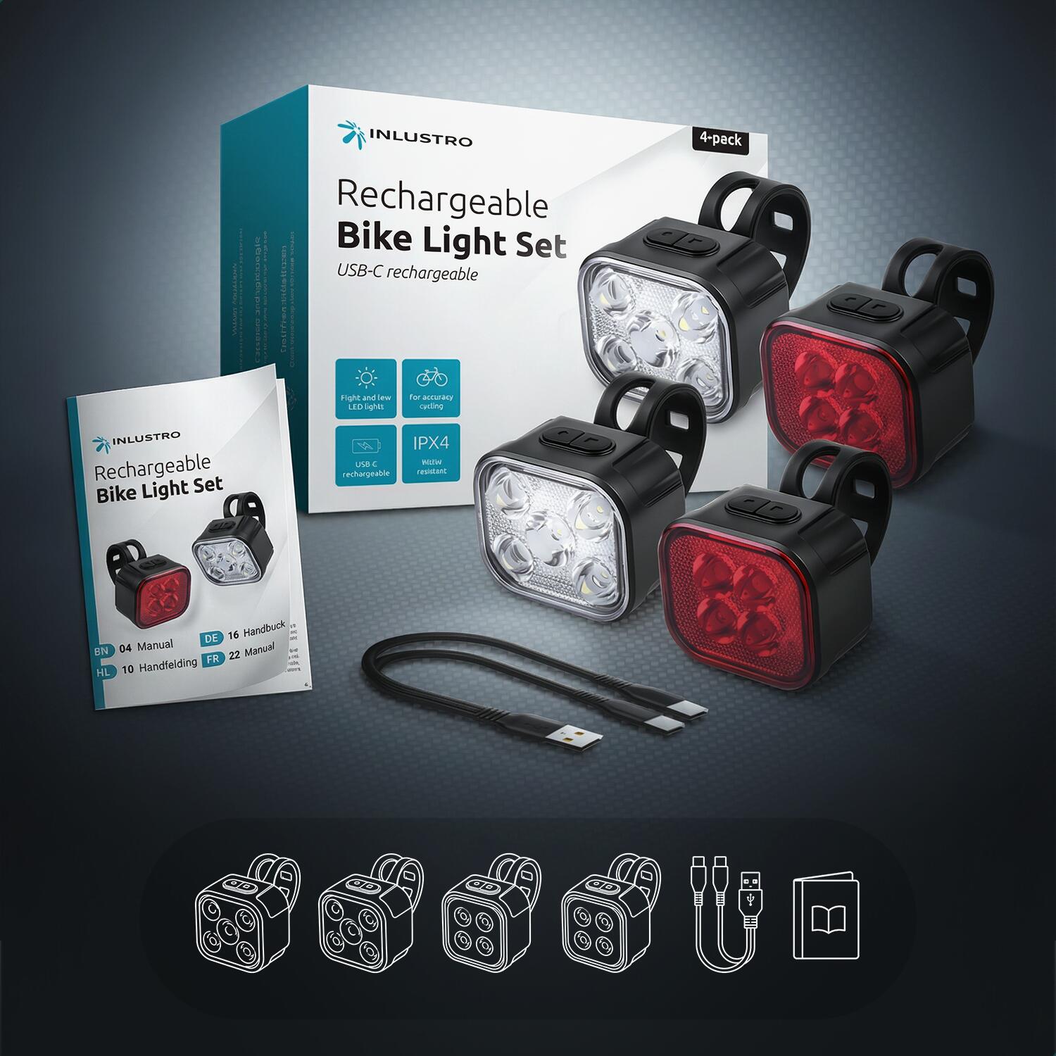 Fahrradbeleuchtung 4x Set - LED Vorder- und Rücklicht - USB Aufladbar 8/8