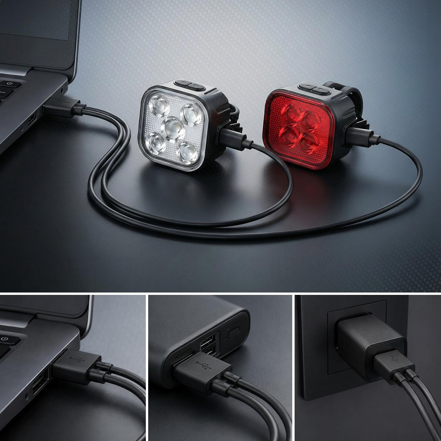 Fahrradbeleuchtung 4x Set - LED Vorder- und Rücklicht - USB Aufladbar 6/8