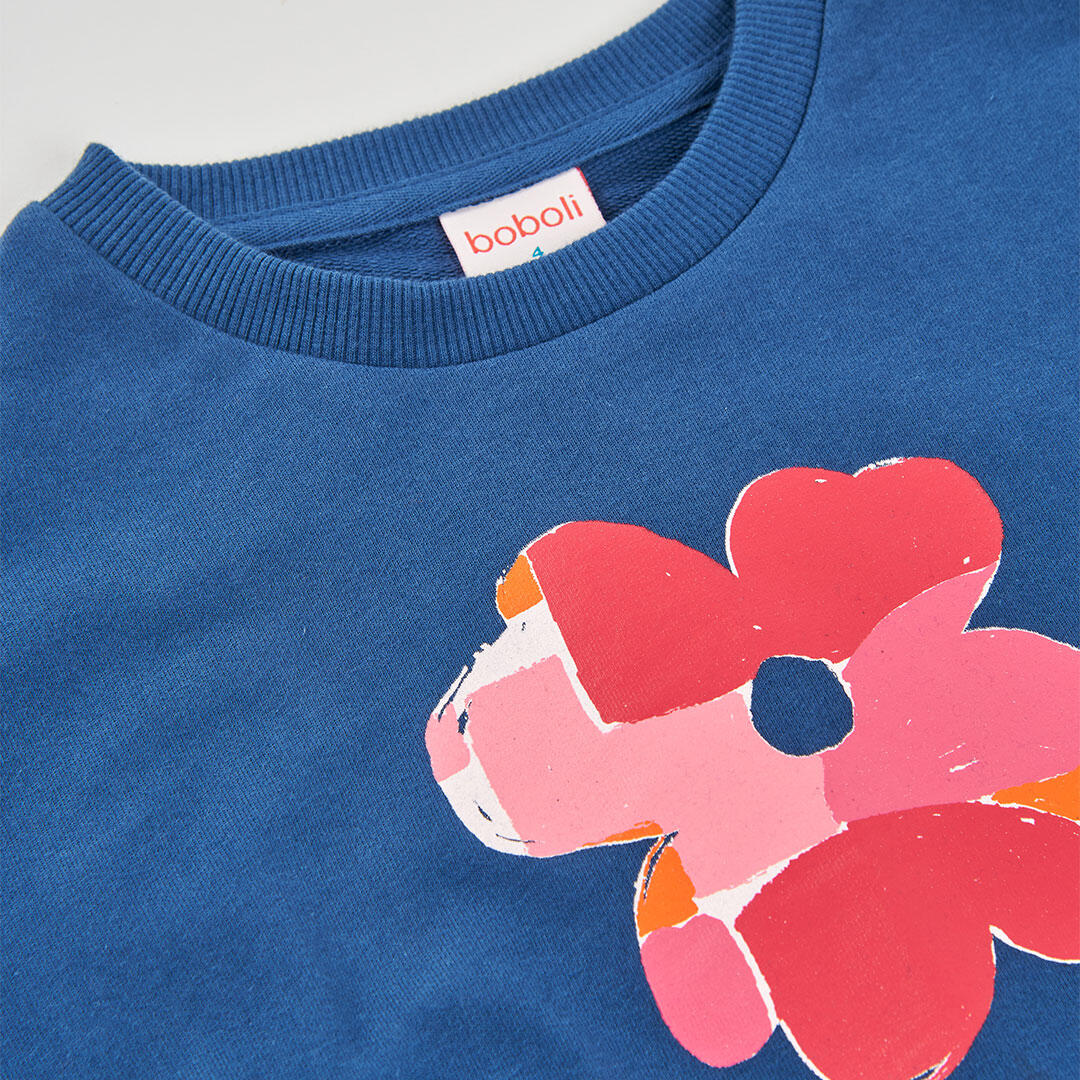 Sudadera de felpa para niña con estampado floral, azul marino 3/4