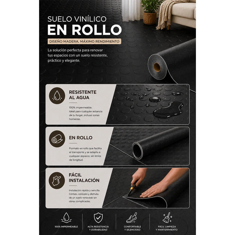 Pavimento vinílico rolo efeito borracha botões 2x25m (50M2) Antiderrapante 3/9