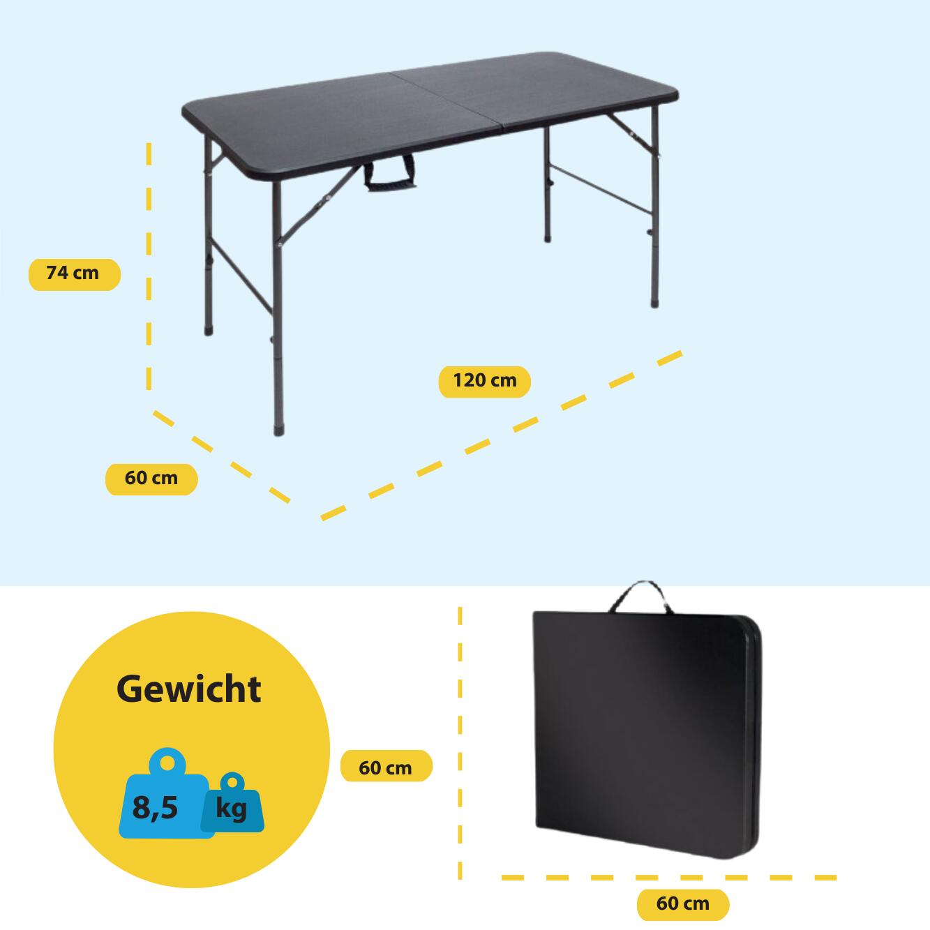 BRASQ Inklapbare Vouwtafel - 120 x 60 cm - Max. 80 kg - Campingtafel - Zwart 2/9