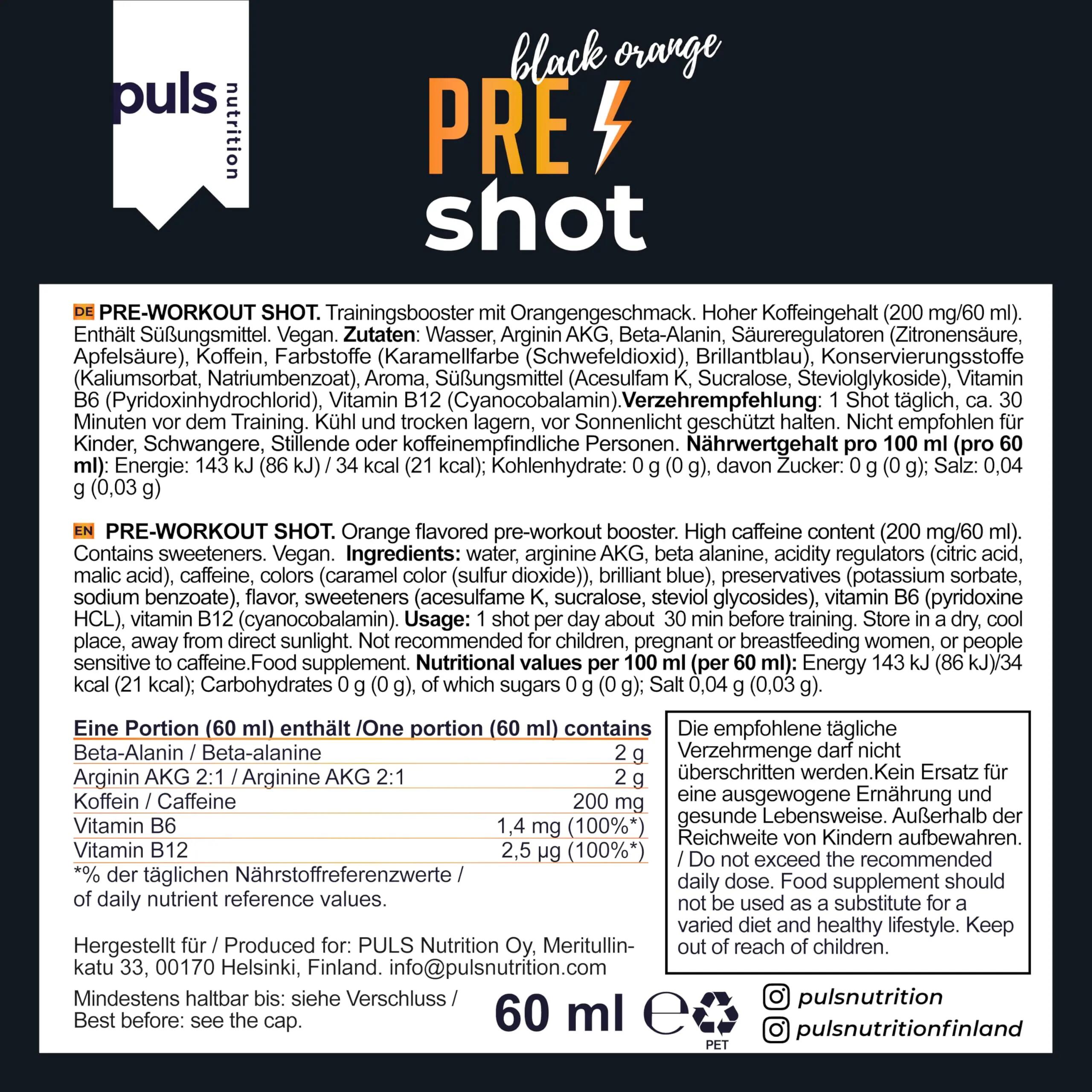 Pre Workout Shot Black Orange 12 x 60 ml – mit 200 mg Koffein 6/7