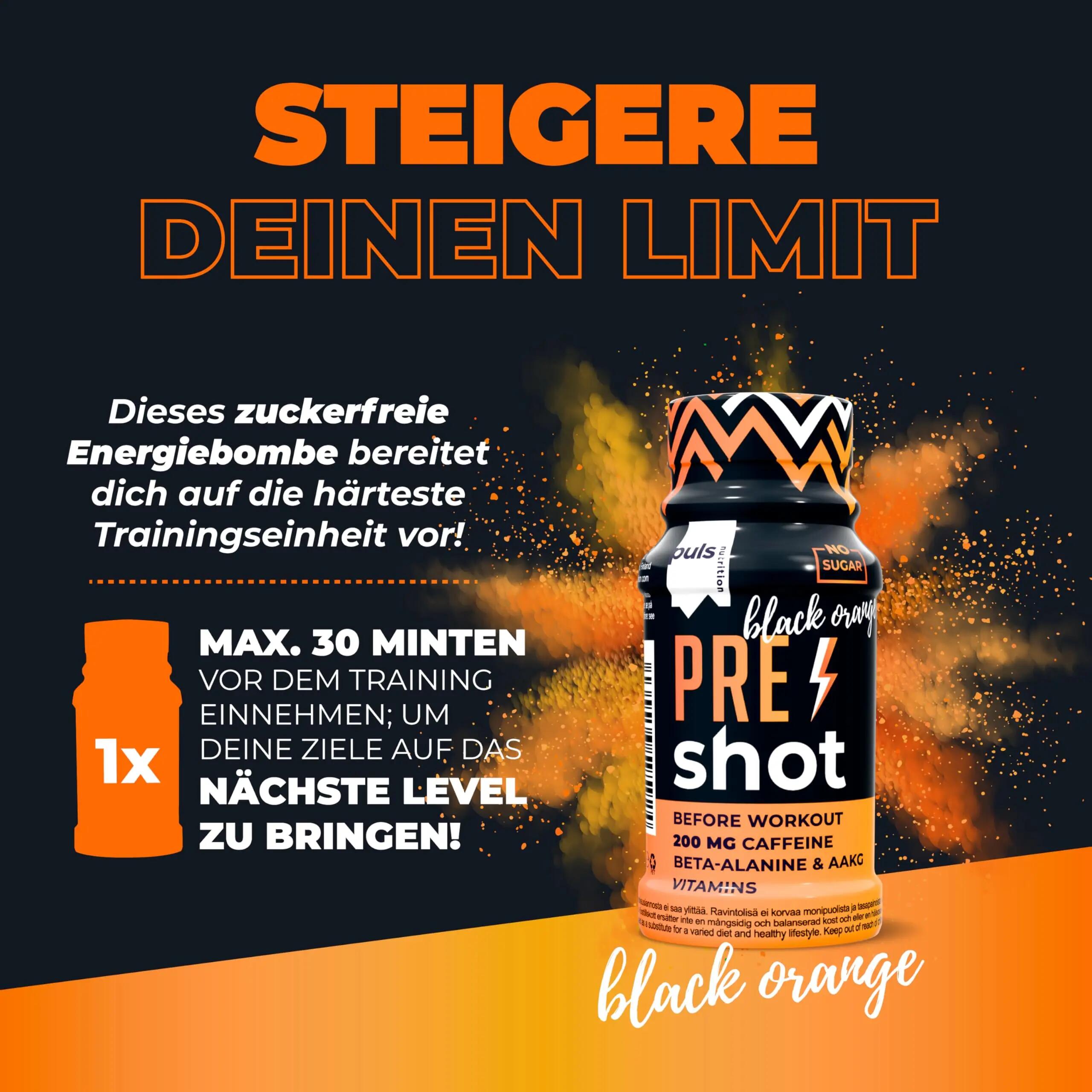 Pre Workout Shot Black Orange 12 x 60 ml – mit 200 mg Koffein 4/7