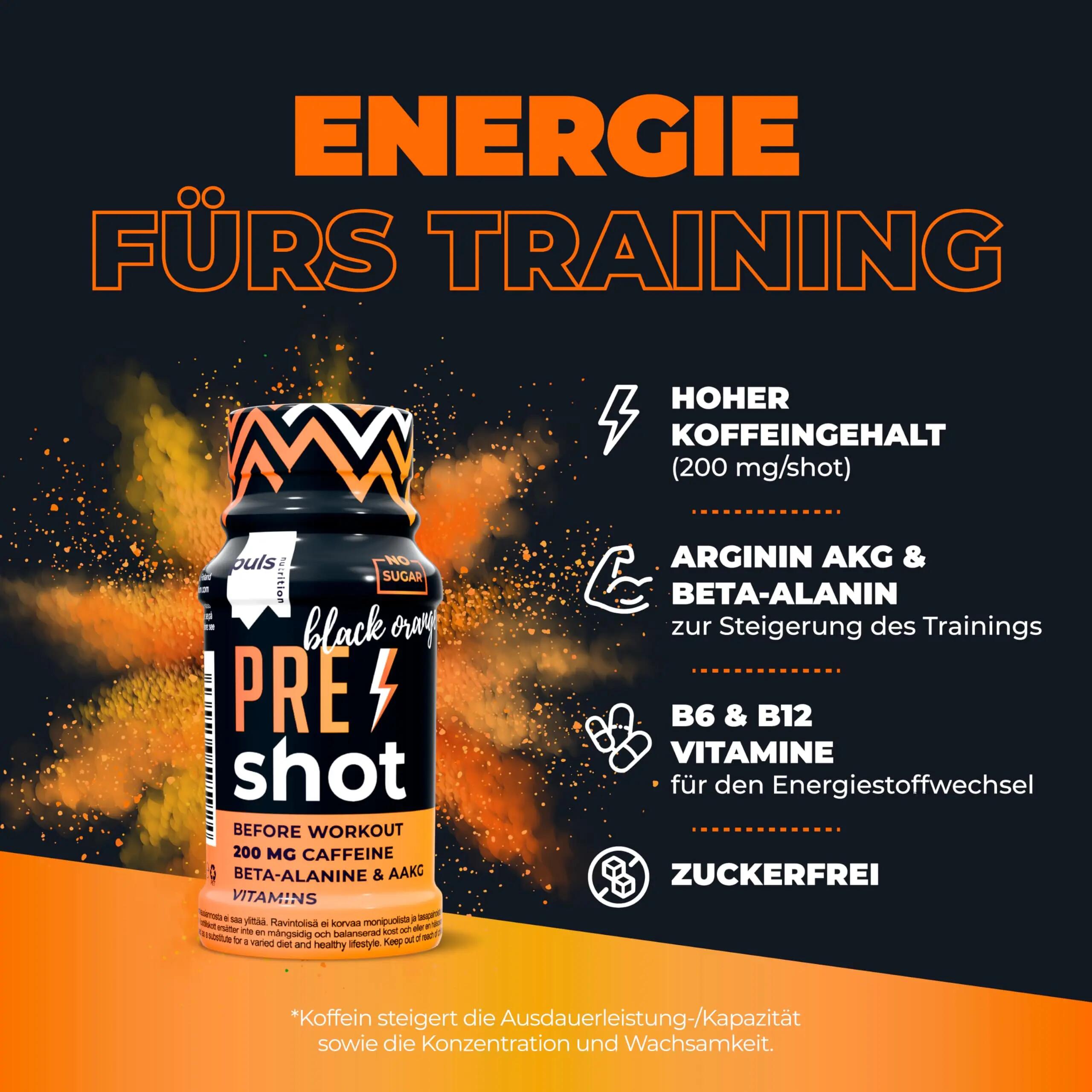 Pre Workout Shot Black Orange 12 x 60 ml – mit 200 mg Koffein 2/7