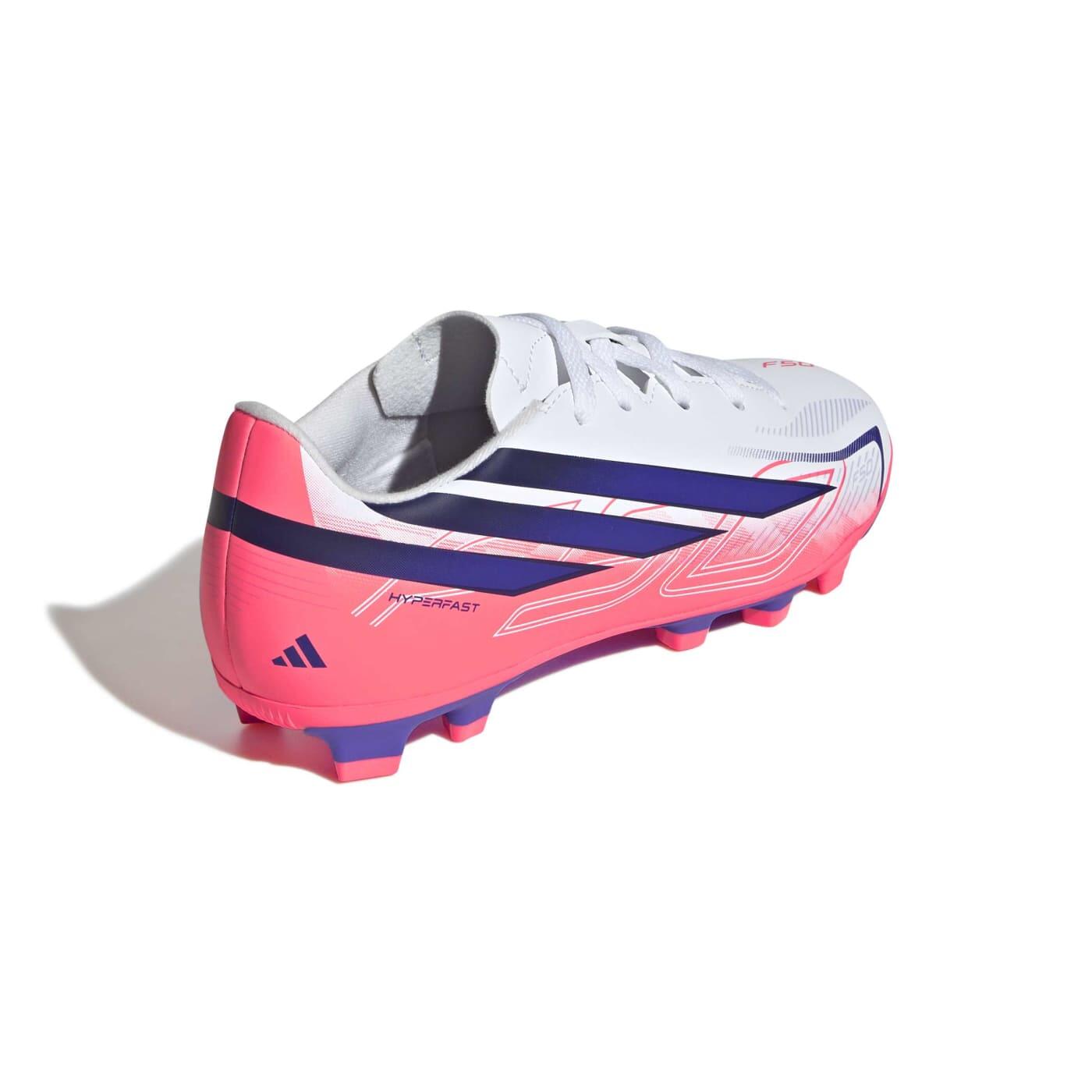 Chuteiras Junior Adidas F50 Hyperfast Club FG/MG Branco e rosa 5/7