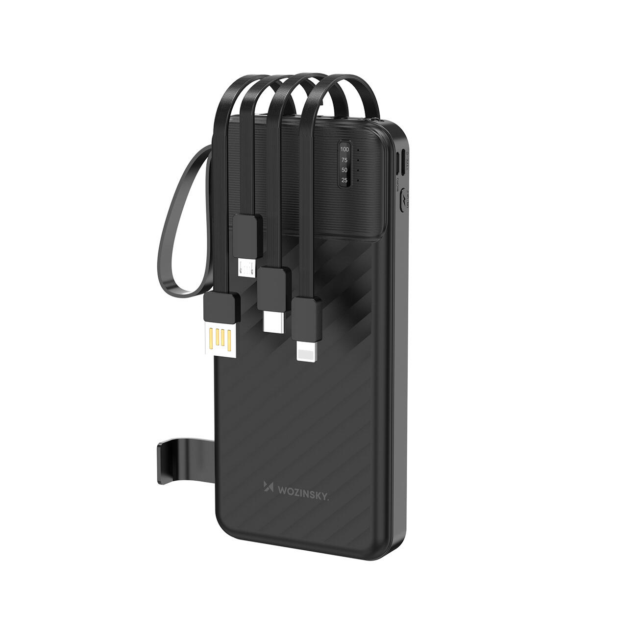 Powerbank Wozinsky 10000mah 10w z wbudowanymi kablami i latarką - czarny