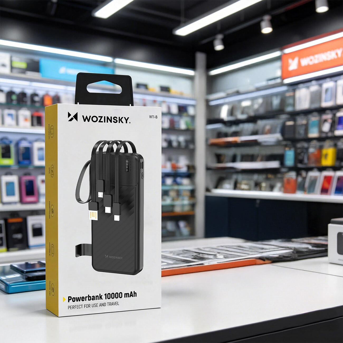 Powerbank Wozinsky 10000mah 10w z wbudowanymi kablami i latarką - czarny 6/6