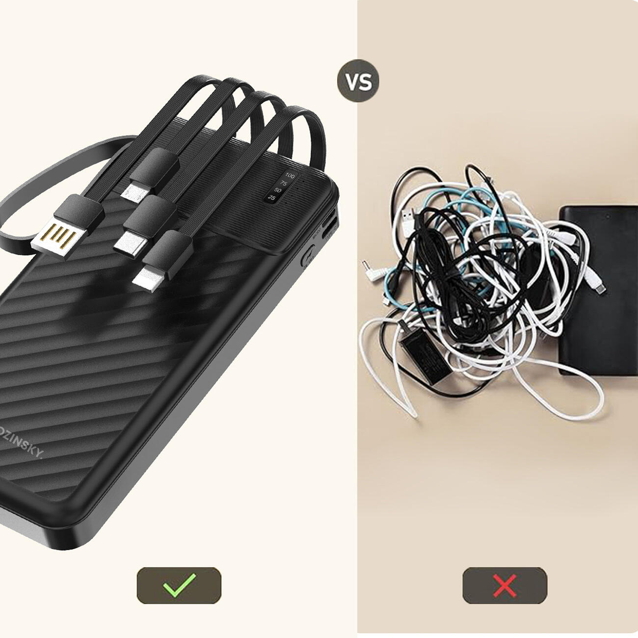 Powerbank Wozinsky 10000mah 10w z wbudowanymi kablami i latarką - czarny 5/6