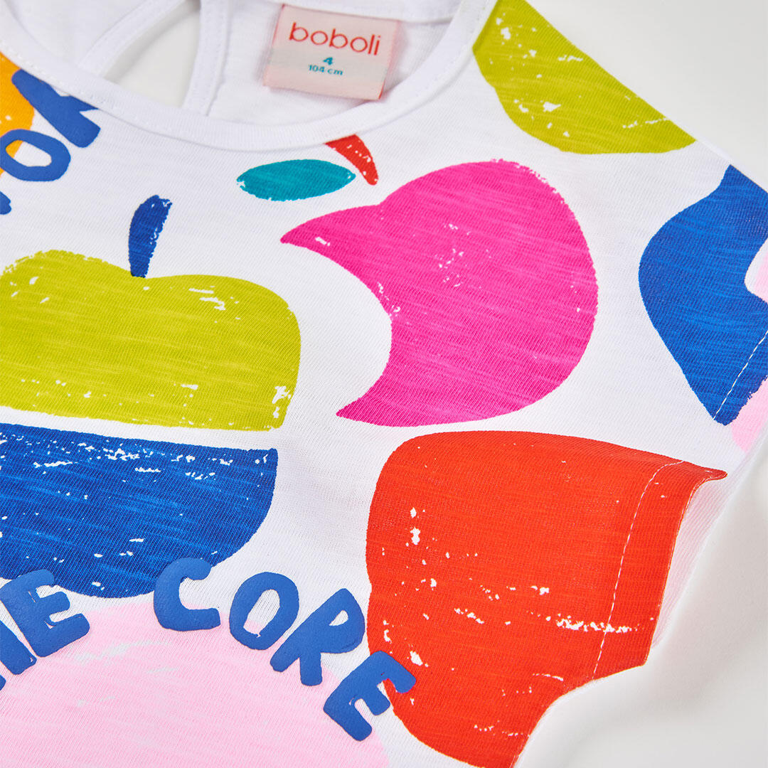 Camiseta de algodón para niña con estampado de frutas, blanca 3/4