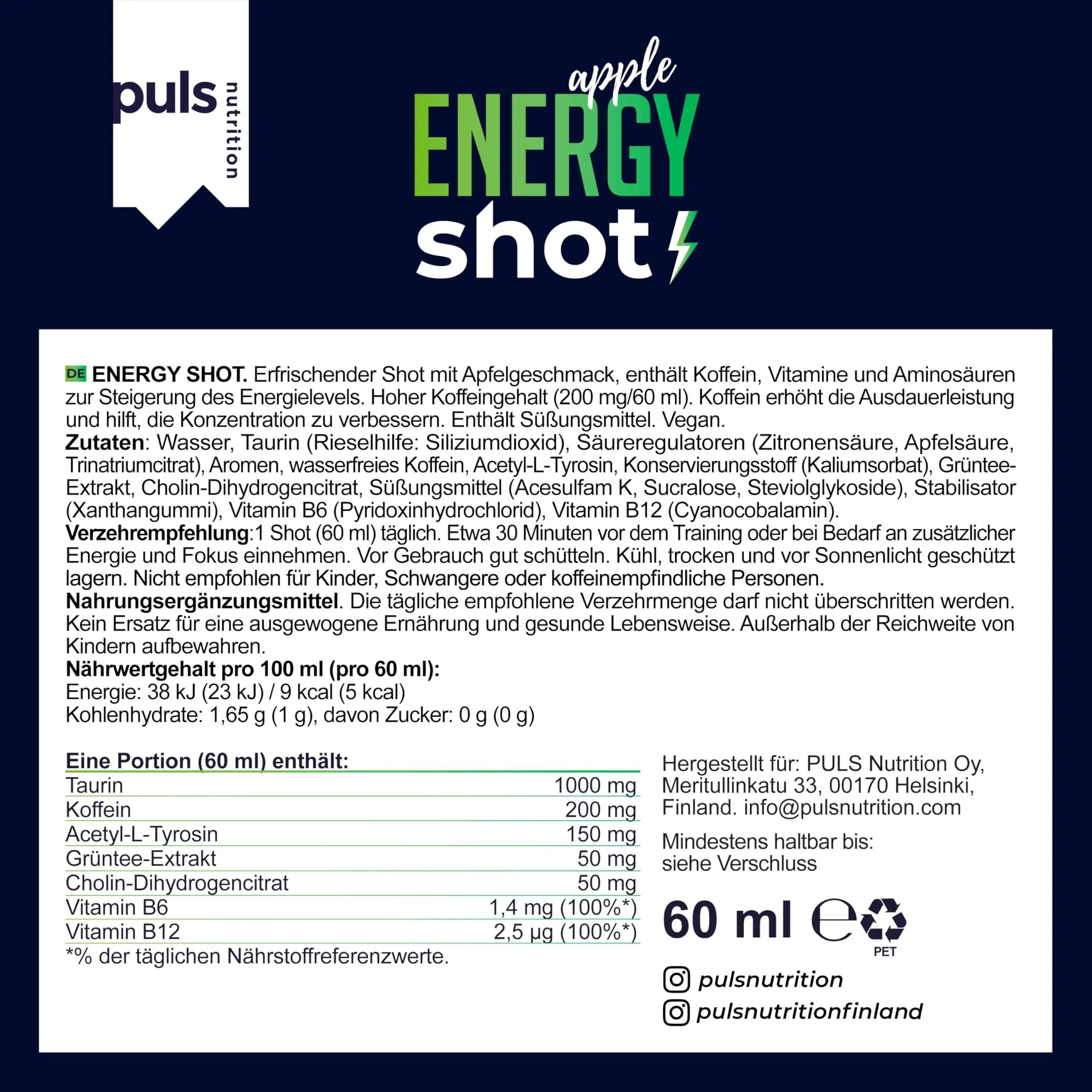 Energie Shot Apfel 60 ml 12er Pack – Energie Booster mit 200 mg 6/6