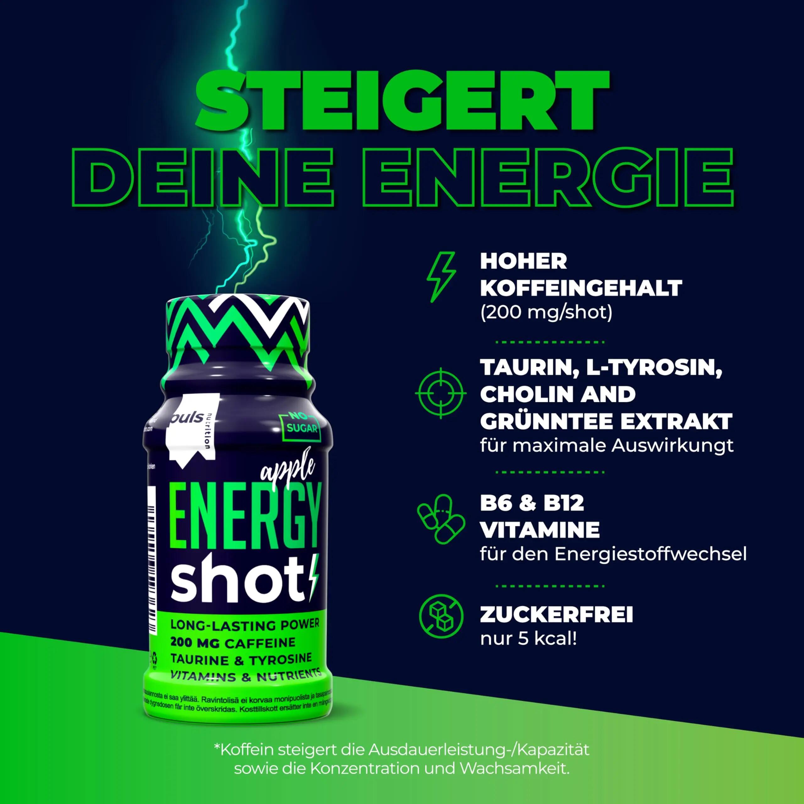 Energie Shot Apfel 60 ml 12er Pack – Energie Booster mit 200 mg 2/6