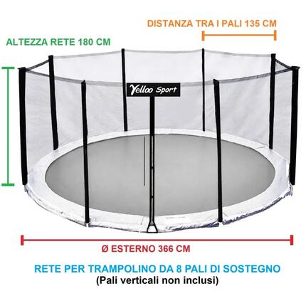 FILET DE SECURITE extérieur pour trampoline ⌀ 366 cm de 8 poteaux, certifié CE