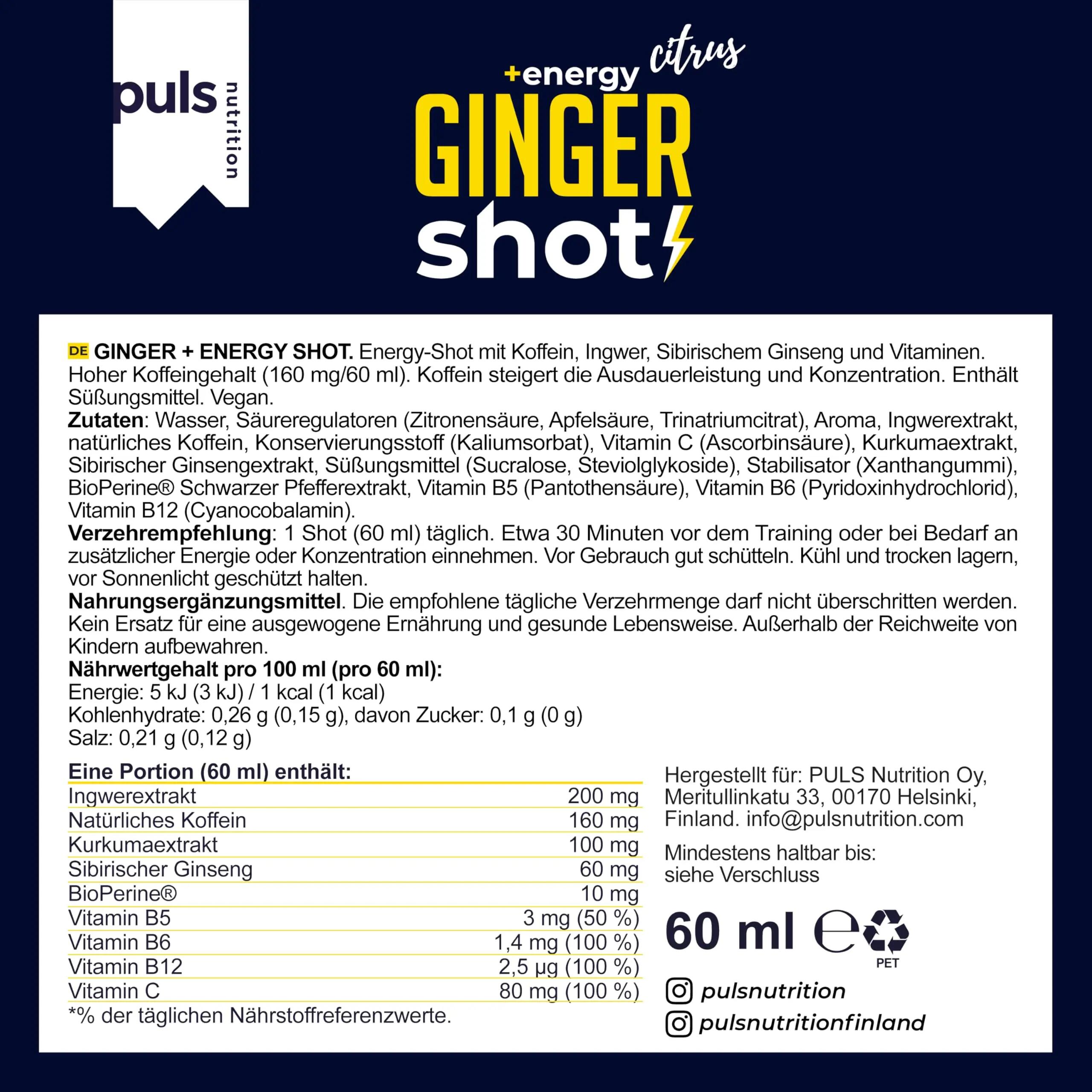 Energie Shot Ingwer 60ml, 12er Pack – Zuckerfrei, vegan, mit 6/6