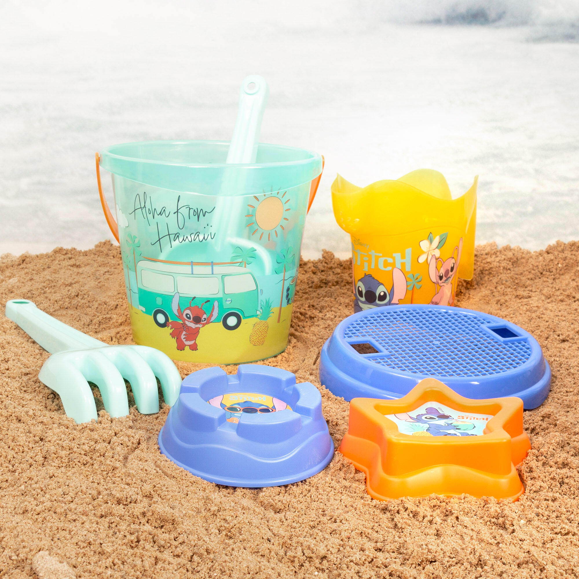 Set de playa infantil Stitch con toalla cubo y juguetes desde 18 meses 6/7