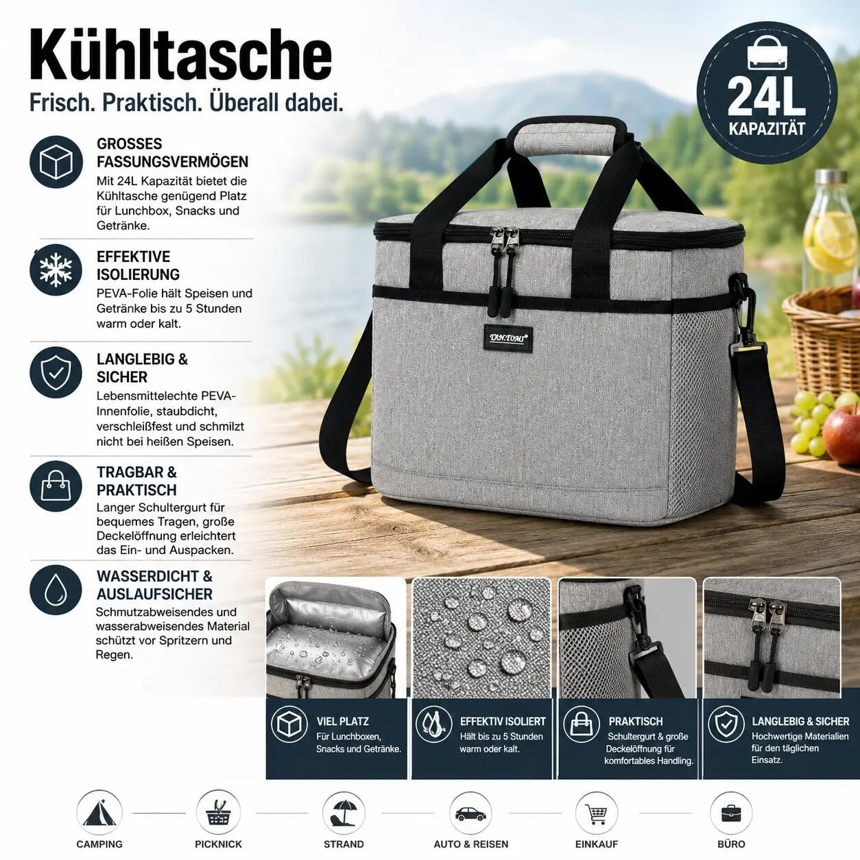 Kühltasche 24 Liter Faltbar isolierend kompakt Camping Kühlbox 2/7