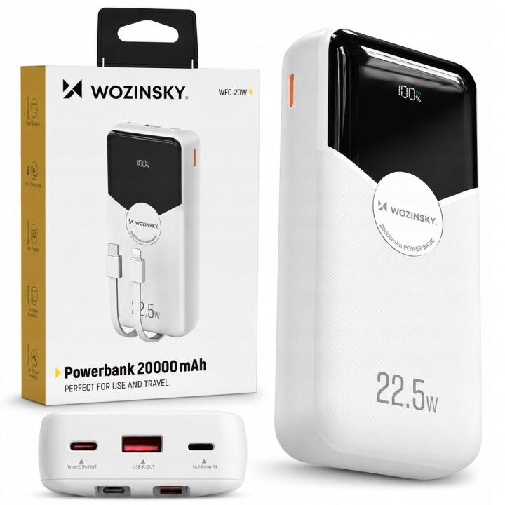 Powerbank 20000mah 22,5w PD 20w z wbudowanymi kablami lightning i usb-c