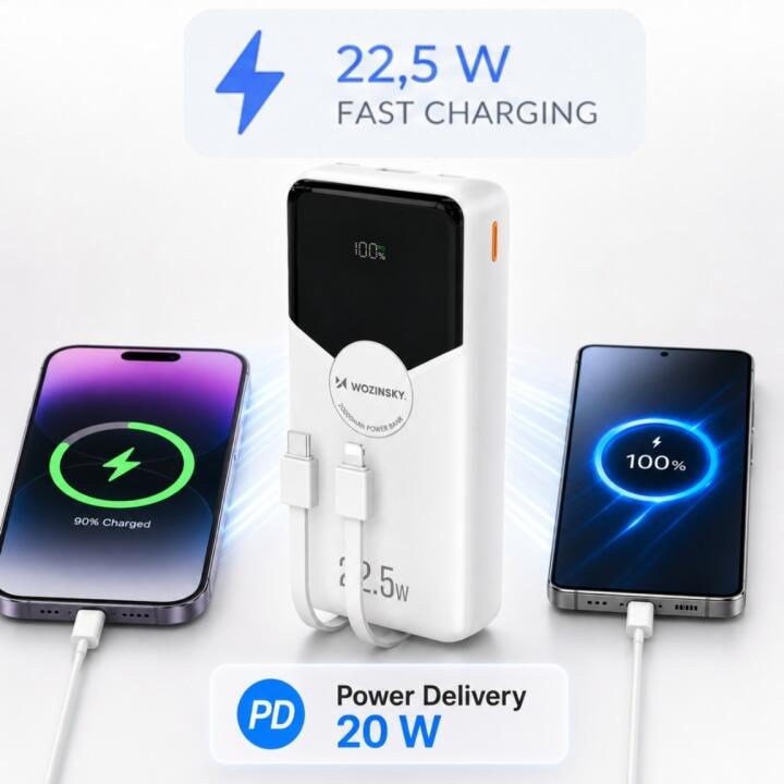 Powerbank 20000mah 22,5w PD 20w z wbudowanymi kablami lightning i usb-c 3/7