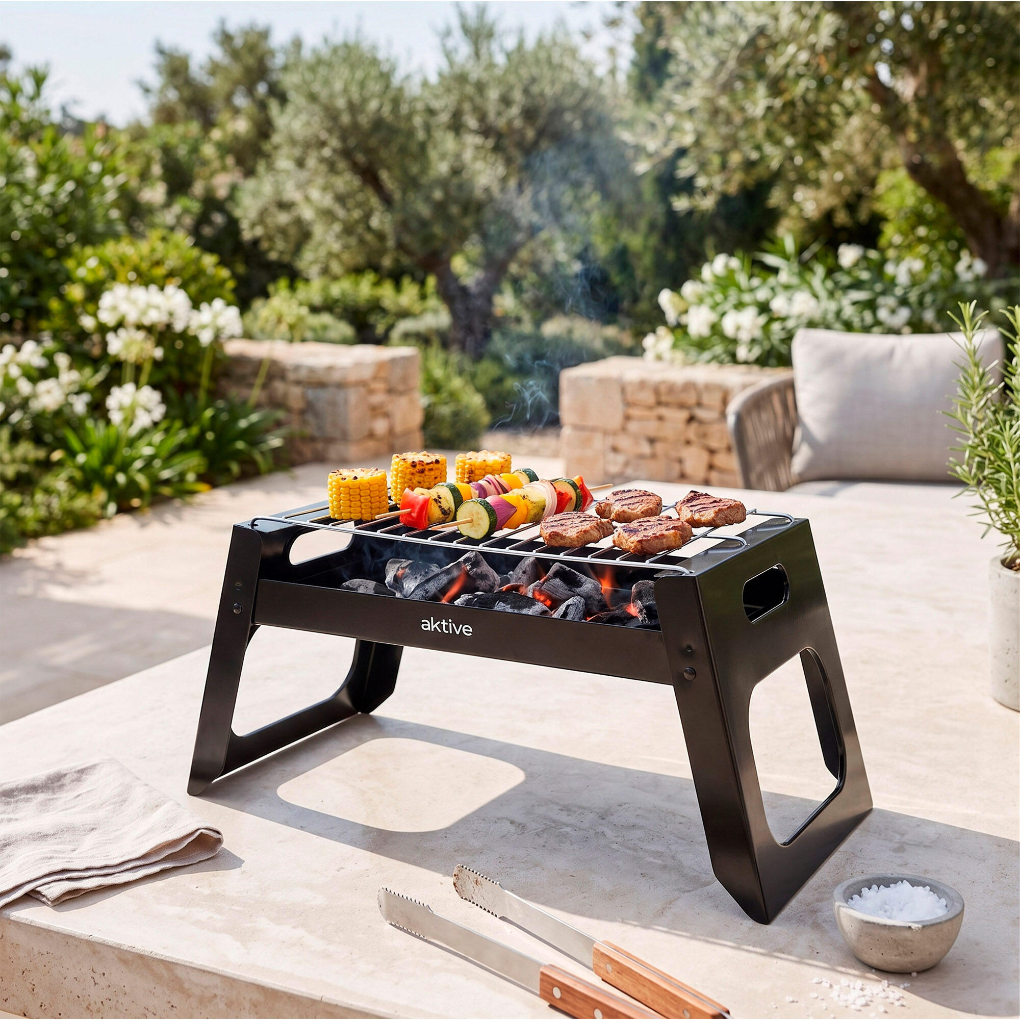 Opvouwbare houtskoolbarbecue 46x22x22 cm met stalen grill en draagtas 3/7