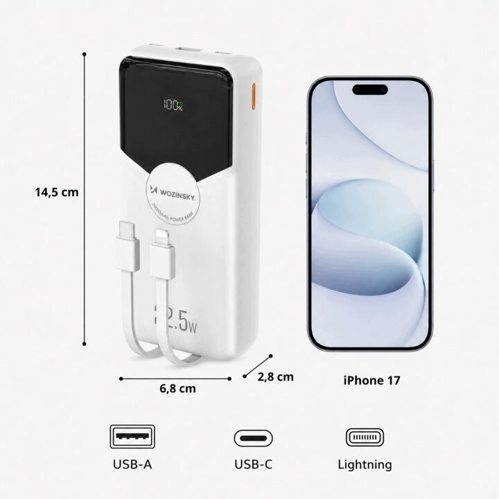Powerbank 20000mah 22,5w PD 20w z wbudowanymi kablami lightning i usb-c 2/7