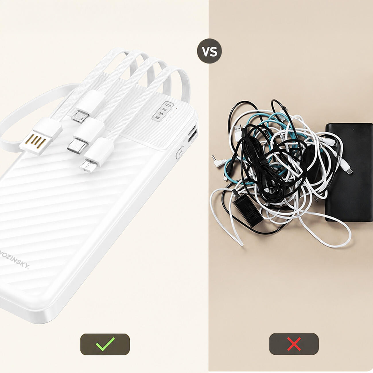 Powerbank Wozinsky 10000mah 10w z wbudowanymi kablami i latarką - biały 5/6