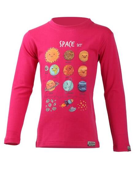 T-shirt à manches longues pour enfants en laine mérinos, couture plate, rose