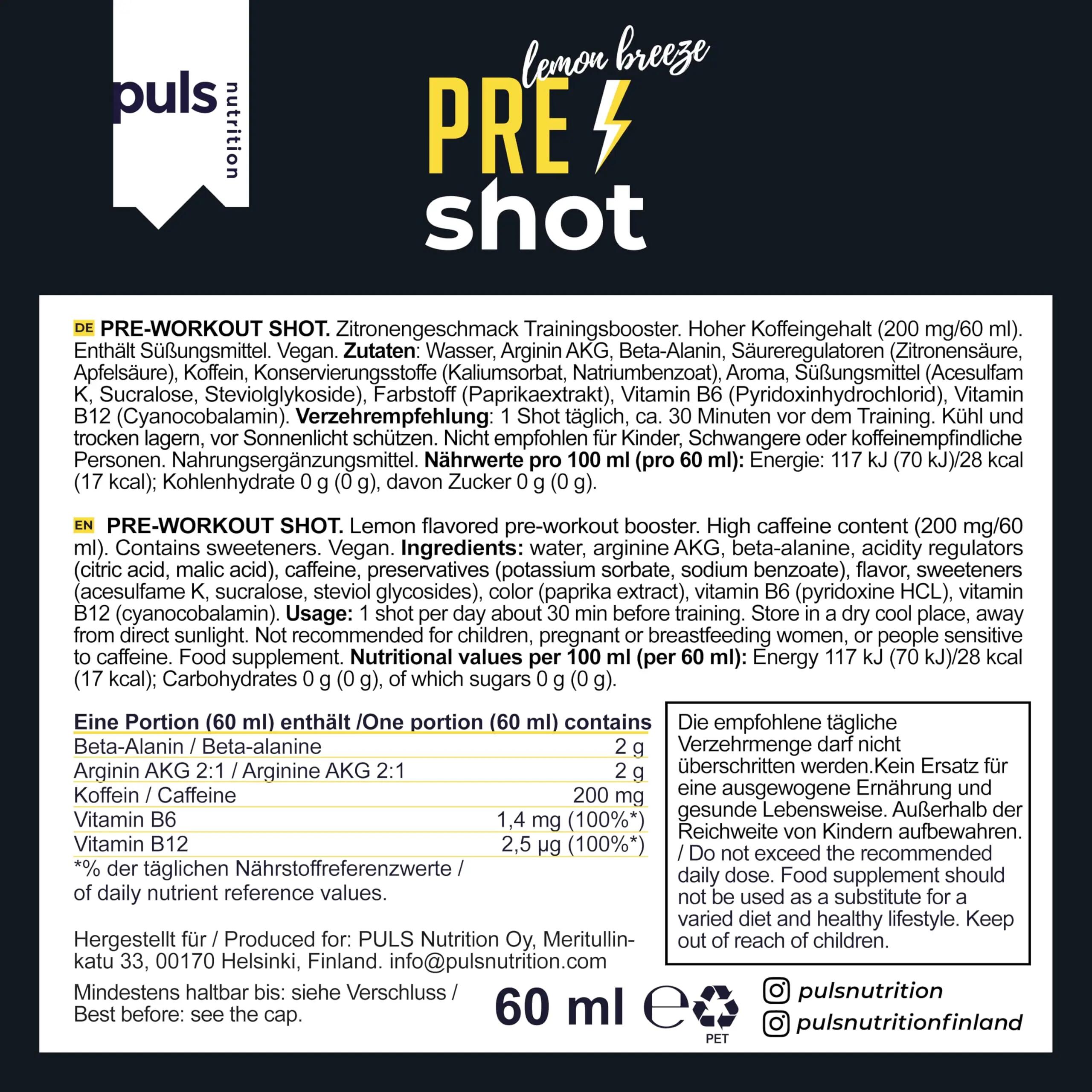 Pre Workout Shot Lemon Breeze 60 ml – Booster met 200 mg cafeïne 6/7