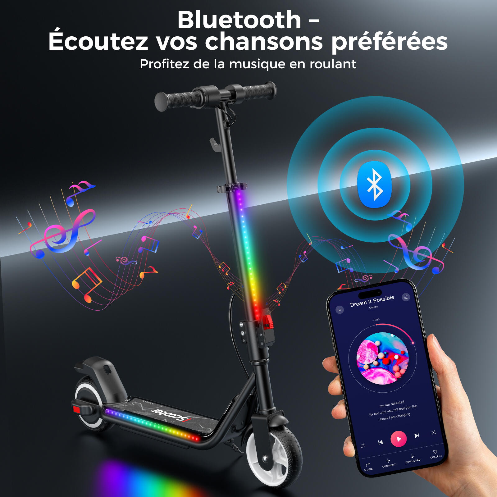 Trottinette Électrique Enfant Pliable et Réglable,Lumières LED,Bluetooth 5/11