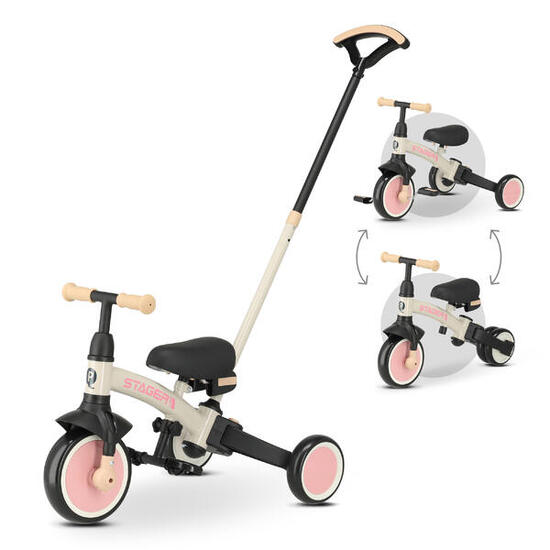Tricycle Qplay Stager avec Barre Parentale - Tricycle Évolutif 3-en-1 - Rose