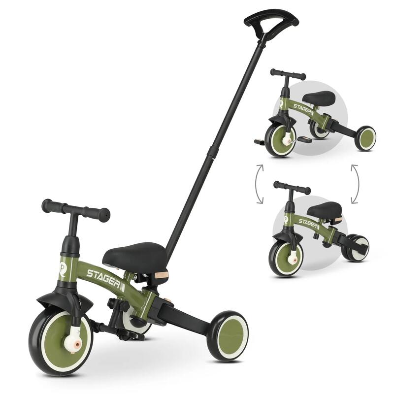Tricicletă Qplay Stager cu Mâner pentru Împingere - Tricicletă 3 în 1 - Verde