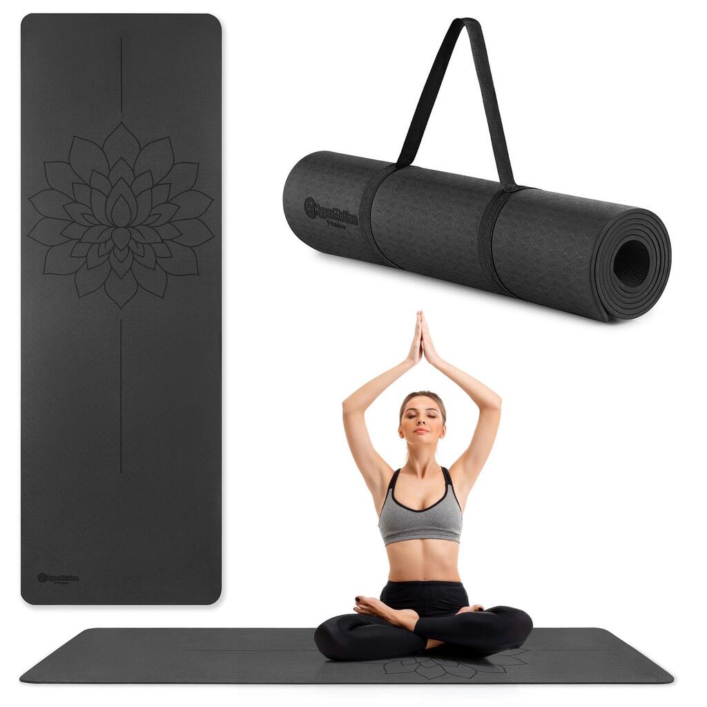 Yoga mat – 6 mm TPE non-slip, alignment line – black