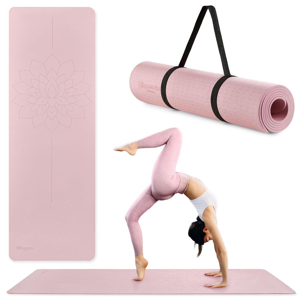 Yoga mat - Fitness - unisex - TPE 6 mm, alignment line, pink.