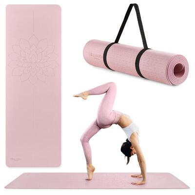 Yogamat – fitness – unisex – tpe 6 mm, uitlijningslijn, roze